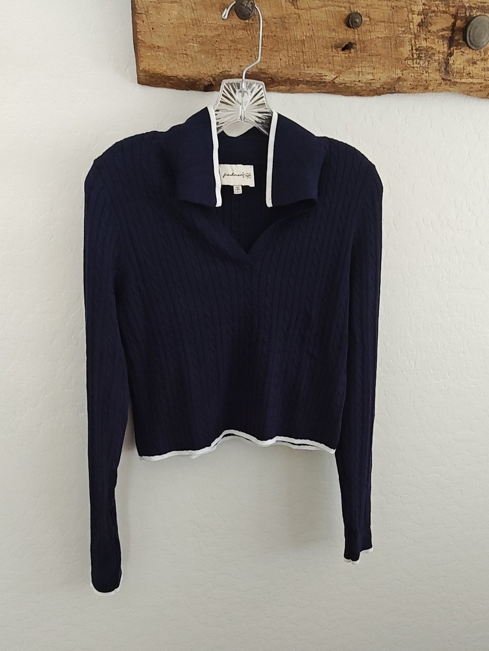 Unknown Brand Navy Ribbed Polo Sweater with White Trim